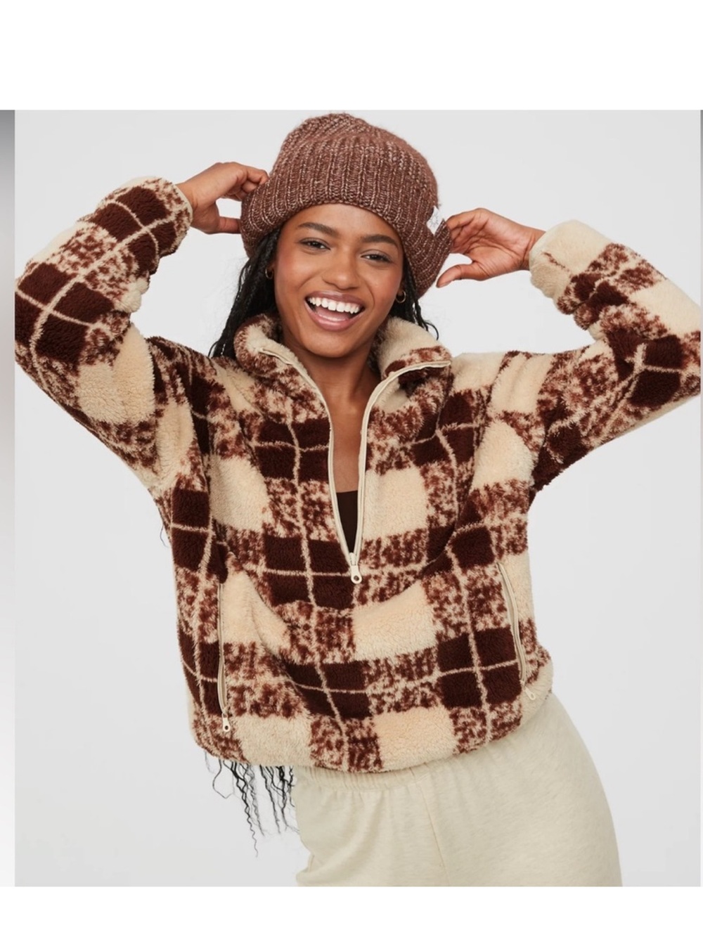 OFFLINE By Aerie Fluffy Sherpa Quarter Zip Plaid Jacket Cozy Gorpcore Large